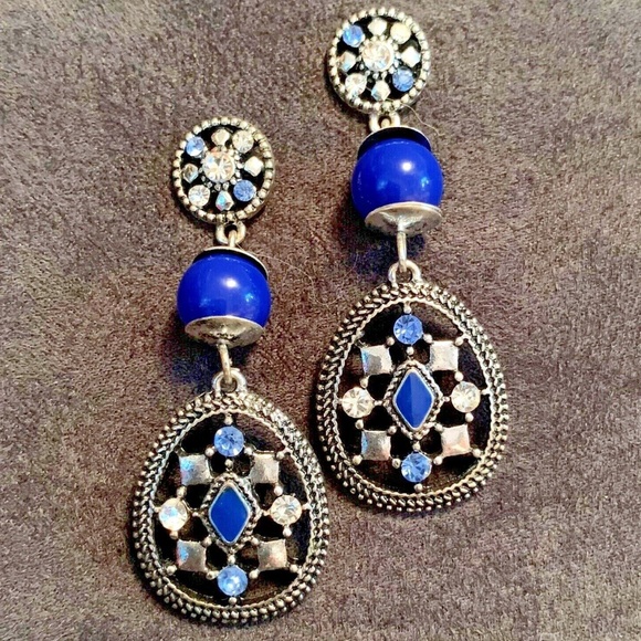 BOHEMIAN BLUE & SILVER POST EARRINGS CRYSTAL DROP - Picture 2 of 6
